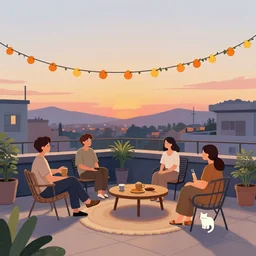 people chilling on the rooftop terrace, beautiful view, sunset, garland, cat. digital drawing by wes anderson, jean pierre jeunet, tim burton, tomm moore, graham annable. hyper detailed.