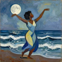 black woman dancing joyfully by the ocean waves, her arms are outstretched towards the moon, abstract art in the style of cubism and georgia o keefe