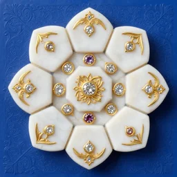 an abstract intricately carved marble set with gold flourishes and diamonds of various colors in the form of hexagons against a blue ornate background