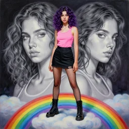 moroccan teenager with wavy dark purple hair and pink tank top and black miniskirt with ripped fishnet tights and black combat boots stands on a rainbow cloud, ultrafine hyperrealistic fantasy oil painting, art by ida outhwaite and loish, trending on artstation, intricate linework, sharp focus, smooth, unreal engine, dramatic lighting, 8 k