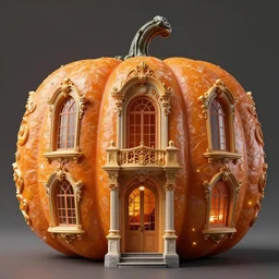 detailed render giant pumpkin house art nouveau rococo architecture carved out of complex mandelbulb with royal orange quartz rendered in cinema 4 d octane