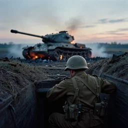 an analog color photograph of a ww 2 soldier from behind in a trench at dusk. in the background there is a burned down sherman tank with smoke and fire at dusk. christopher nolan style. cinematic!! shot. cinematography. detailed. hq. in - frame. imax. anamorphic film. anamorphic bokeh!!!. kodak. helios 4 4 m.