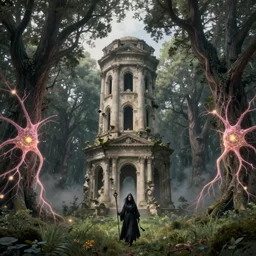 a monolithic neoclassical ruined tower and a veiled witch of old walking through an open field with her staff in a beautiful forest of ancient neurons and pink and yellow glowing synapses runnig through the forest, huge incredibly immense trees, highly detailed, hyperrealism, cgsociety, 8k, ancient forest, misty forest, realistic painting, sharp image, hyper realistic art, cinematic, art by konstantin razumov, chiaroscuro