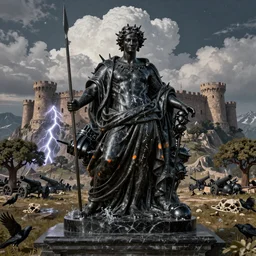 portrait, mountain battles, knights, spears, fortress, siege, oaks, trees, architectural, colossal lightning, cannonballs, war, crows, famine, death, wide angle, puffy clouds, skies behind, stars in sky, italian masterpiece, Ashford Black Marble, sculpture, baroque, draped with water and spines, drapes, ocher details, still life, Obsidian, portrait, render, artstation, ultra detailed