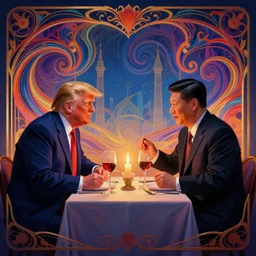 Donald Trump and xi jinping having a romantic dinner with candles, Gloomhaven, matte painting concept art, art nouveau, beautifully backlit, swirly vibrant color lines, fantastically gaudy, aesthetic octane render, 8K HD Resolution
