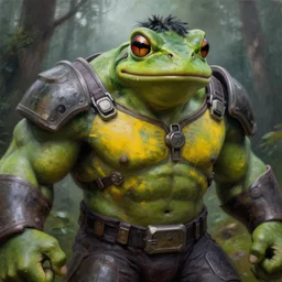 macro medium close up shot, rugged anthropomorphic muscular!!!!!!!!! oversized!!!!!!!! hulked!!!! frog as oversized green armored barbarian armored hunter with yellow chest wearing war soldier uniform sci - fi armor in deep forest, mist, overcast, dramatic realistic oil painting by frazetta and greg rutkowski