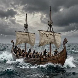 an epic battle on the sea between 2 viking boats, raging waves, beksinski