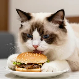a ragdoll cat breed is eating an hamburger, photorealistic, highly detailed