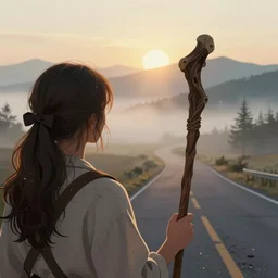 ranger girl, back view, close up, pilgrim's staff, beautiful, atmosphere, vibe, mist, road, sunrise, muntains in the distance, concept art illustration, color page, tone mapping, akihiko yoshida, james jean, andrei riabovitchev, marc simonetti, digital illustration, greg rutowski, volumetric lighting, sunbeams, particles
