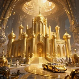 highly detailed gold majestic in the entrance castle kingdom of agharta, aerocar, land of advanced races, giant, hollow earth infographic, hiperrealistc, global illumination, radiant light, detailed and intricate environment, trending on artstation, art by oleg oprisco, 8 k