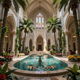 beautiful grand cathedral interior with!! koi pond!! in the middle! surrounded by palm trees, ivy, flowers!!, tropical plants, roses!!, and with archways, rendered in octane render with photorealistic volumetric cinematic lighting, wide angle,! horizontal symmetry!