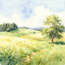 a watercolor of a soremi + landscape on a warm summer's day