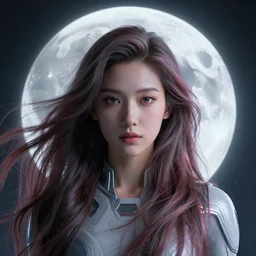 close up of a woman, with flowing, swirling long hair. she is wearing sci - fi clothes. the woman has fine facial features. a 3 d render of a giant glowing moon. image by beeple and james jean, aeon flux, moebius, barclay shaw, aya takano color style, 8 k, super detailed, modern, 4 k, symmetrical