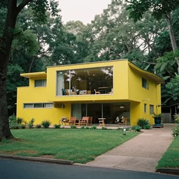 architecture ad for a yellow mid - century modern house in the middle of the forrest designed by zaha hadid. shell. film grain cinematic