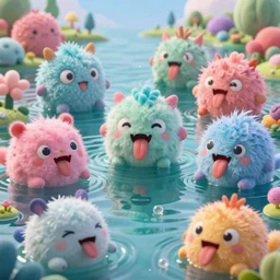 intricate colorful lake with strange cute fluffy cyberpunk friendly happy creatures with huge eyes long tongue and funny face appearing from the water, in the style of craola, macro lens, shallow depth of field, highly detailed, digital painting, trending artstation, concept art, illustration, cinematic lighting, vibrant colors, photorealism, epic, octane render