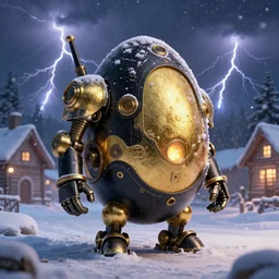 black and gold egg shaped mech steampunk in a winter village, blizzard, volumetric lighting, night time, lightning in the background