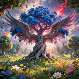 dying grey demon grown into a mighty tree of life with blue foliage and a pink glow with huge wide angel wings laying in beautiful summer flowers in amazing serene landscape in sun rays All the flowers around me are blooming. Lovely Peaceful elvish forest on corners. Red burning meteor falling on background. Apples and birds on trees. Rainbow. Raining. Starts falling. Incredible colors. Hyperdetailed
