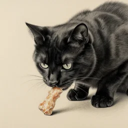 Pencil drawing of a black cat eating a delicious treat