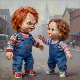 the doll chucky fighting the doll annabelle in oslo, oil painting, by greg rutkowski