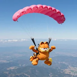real image of garfield skydiving with a pink parachute