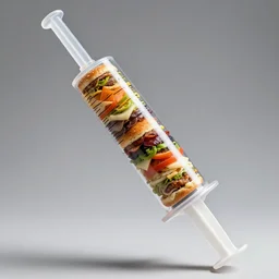 large syringe full of burger ingredients