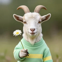a portrait of a anthropomorphic goat that is wearing a light green sweater with a yellow stripe, and is holding a flower.