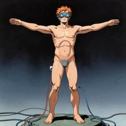 a guy standing like the vitruvian man, connected to wires and tubes, wearing goggles, cybernetic, dystopian, in the style of archie comics (1963), artstation, HQ scan, ufotable studio art style,