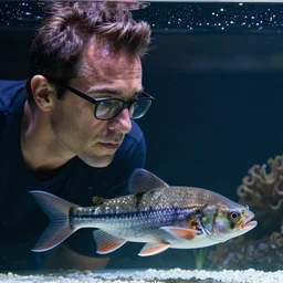 stunning photo of ray romano with glasses, looking at catfish in an aquarium, 3 5 mm lens n - 4