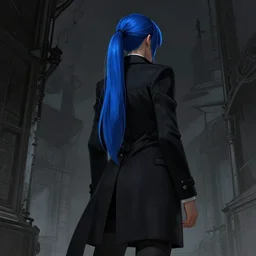 low - angle shot from behind of a long blue ponytail girl in a tailcoat overlooking noxus, noir, screenshot, sharp focus, intricate, illustration, cell shaded, digital painting, highly detailed, art by ilya kuvshinov, wlop, greg rutkowski, studio quality, james jean