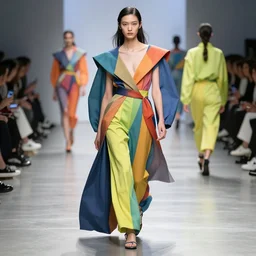 futuristic fashion show, colored clothes, photoshoot, super detailed,