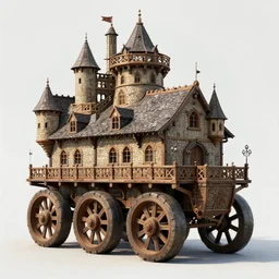 an old medieval moving castle with six giant wheels, style of carl spitzweg, trending on artstation, 4 k resolution