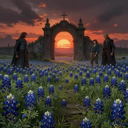 a beautiful and detailed picture of gateway to the underworld surrounded by a field of bluebonnets, in the style of magic the gathering, highly detailed, digital painting, ominous sunset, volumetric lighting, octane render, 4 k resolution, art by adam paquette and johann bodin and jason rainville