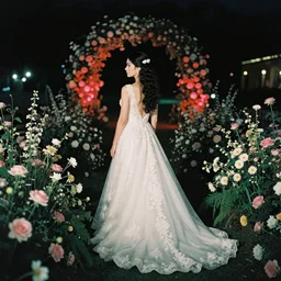 analog photograph of beautiful bride from the back wearing a long flowing wedding dress in stunning flower garden at night by mark owen. red lights. bokeh. cinematic. hq. detailed. contrast. cinestill 8 0 0 t