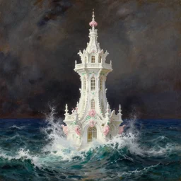 a delicate ornate white fantasy tower with pink and green decoration splashes upwards from a turbulent ocean, dramatic lighting, rich colors, beautiful painting by Thomas Cole