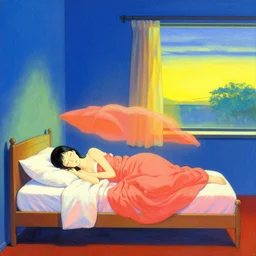 a woman sleeps in levitation above her bed vibrant by akihiko yoshida and edward hopper 1 2
