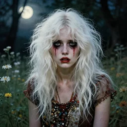 a beautiful but creepy young woman in layers of fear, with haunted eyes, violence in her eyes, crazy white hair, wearing a punk outfit, 1 9 7 0 s, seventies, delicate embellishments, a little blood, woodland, moonlight shining on wildflowers, painterly, offset printing technique, by alexandre cabanel