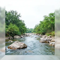 a beautiful landscape, river, rocks, trees, polygonal, grid