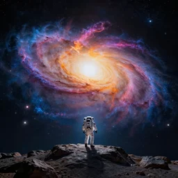 a distant galaxy viewed from a rocky planet, lone astronaut in the middle. incredible color explosion, 4 k wallpaper trending on artstation