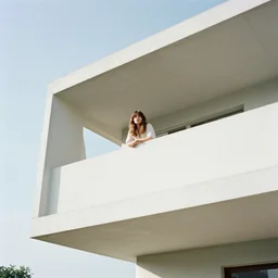 a still of a young woman looking out from a huge concrete white balcony of a minimalist house, outside view, low angle, clear sky and background, in the music video Wrapped Around your Finger (1983)