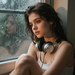 girl with dark brown hair, sitting down, leaning against the window, headphones, rainy background, in the style of ilya kuvshinov