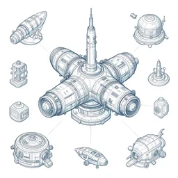 Infographic of Space travel, concept art, industrial sci-fi, technical drawing, vector art, isometric illustration