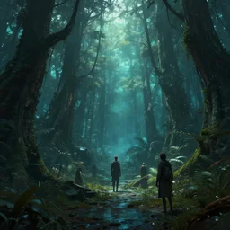 reed people in futuristic spiritual mystical post apocalyptic forest by, dim painterly volumetric aquatic lighting, beautiful, crisp, artstation, highly detailed