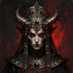 a matte painting that is a portrait of a demonic priest wearing a massive ornate headdress made of metal, horror color scheme, dark fantasy, art deco, cinematic lighting, smooth,, digital painting, diablo concept art, vitaly bulgarov artstation, daytoner artstation, concept art
