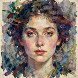 an extreme close - up portrait of a lady enshrouded in an impressionist representation of mother nature and the meaning of life by sonia delaunay and william holman hung, thick watercolor brush strokes, portrait painting by daniel garber, vintage postcard illustration
