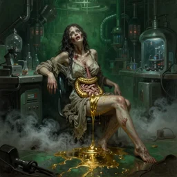 dark green steamy hi-tech sci-fi lab at night, realistic gustave coubert painting of hideous and sick woman dressed in rags exposed guts crawling in two legs and dripping golden metalic fluid from intestine into a puddle of golden liquid on the floor. Smokey atmosphere