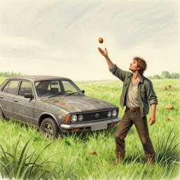 post apocalyptic world, grass field with old car, man throwing a nut, trending on artstation, color pencil illustration