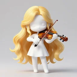 anime style, chibi, full body, a cute girl with white skin and golden long wavy hair holding a violin and playing a song, heavenly, stunning, realistic light and shadow effects, modern art, realism, centered, landscape shot, happy, simple background, by wlop