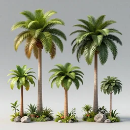 Game assets, tropical trees, various items, trending on artstation, HD, Octane render, smooth, sharp focus