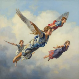 photorealistic color painting of detailed flying people