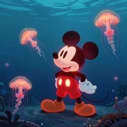 a glowing red mickey mouse in the sea caught by a jellyfish by josan gonzalez and dan mumford and albrecht anker and miho hirano and ross tran and chiho aoshima, highly detailed, high contrast, pop art, comic shading, intricate details, blended color palette